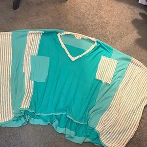 POL Teal and Cream Lightweight Knit Tunic Top
